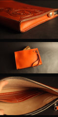 Cool Handmade Tooled Leather Tan Floral Clutch Wallet Wristlet Bag Clutch Purse For Men