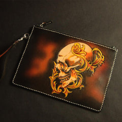 Cool Handmade Tooled Leather Floral Skull Clutch Wallet Wristlet Bag Clutch Purse For Men