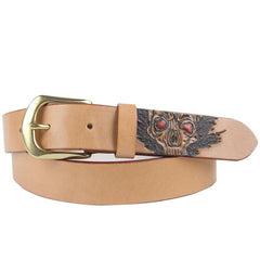 Cool Handmade Yellow Brown Skull Tooled Leather Mens Belt Carved Leather Belt for Men