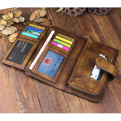 Cool Leather Brown Mens Long Wallet Gray Buckled Long Wallet Trifold Clutch Wallet for Men