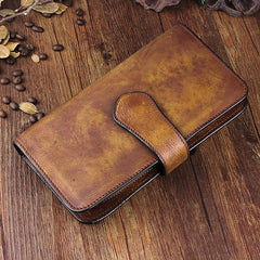 Cool Leather Brown Mens Long Wallet Gray Buckled Long Wallet Trifold Clutch Wallet for Men