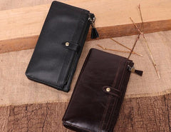 Cool Leather Long Wallet for Men Vintage Double Zipper Long Wallet for Men