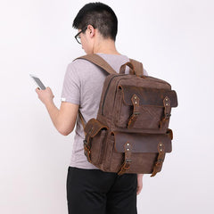 Cool Leather Mens 14 inches Brown Backpack Large Cool Vintage Large Travel Backpack for Men