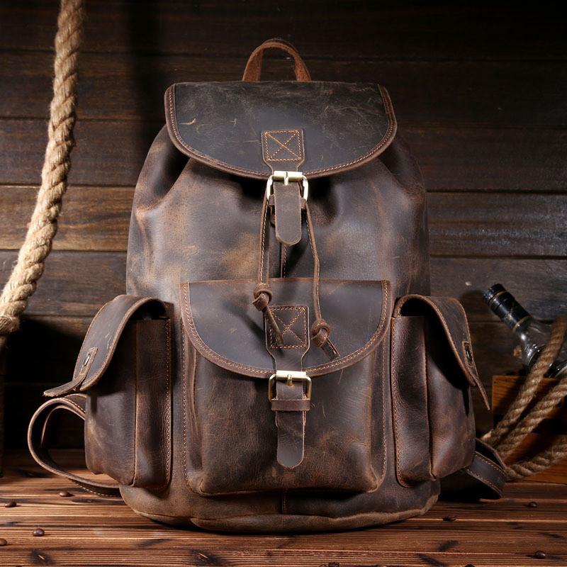 Cool Leather Mens Backpack Large Vintage Travel Bag for Men