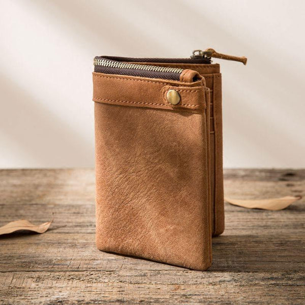 Cool Leather Mens Brown Small Wallet Bifold Vintage Slim billfold Wallet for Men