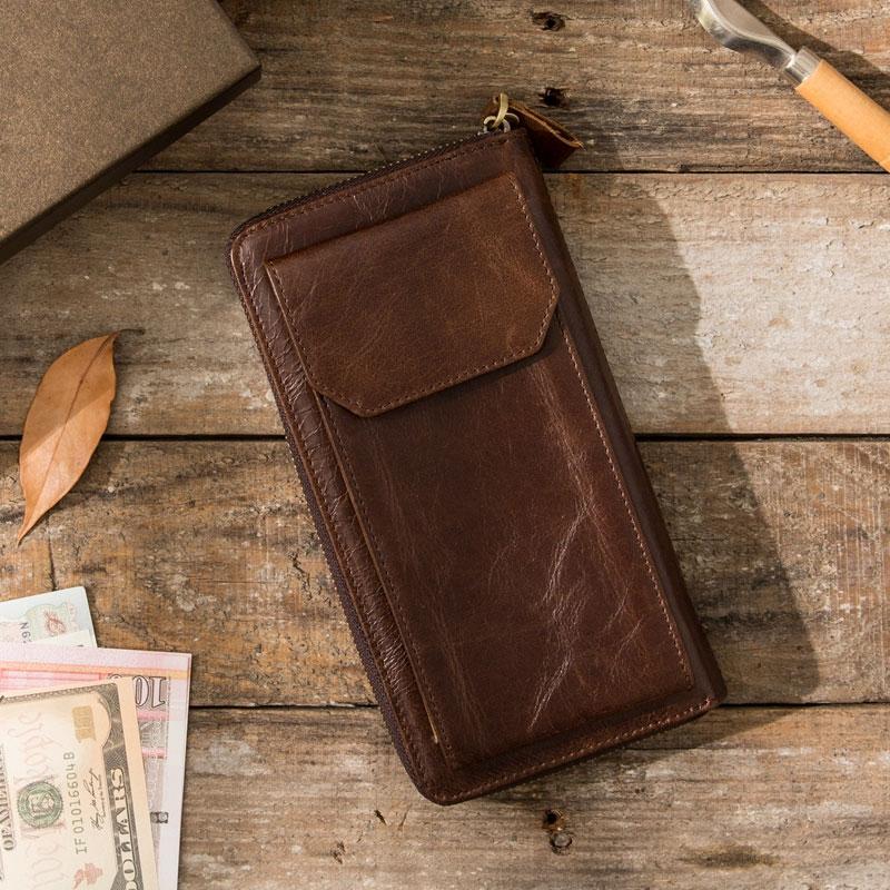 Cool Leather Mens Coffee Long Zipper Clutch Wallet Long Wallet for Men
