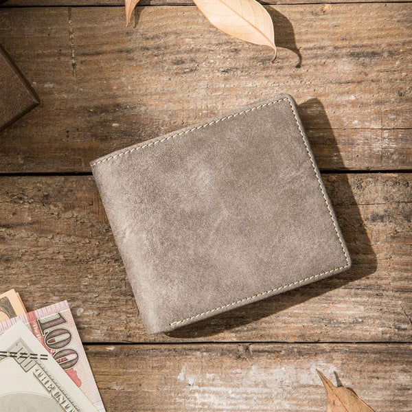 Cool Leather Mens Gray Small Wallet Bifold Vintage Slim billfold Wallet for Men