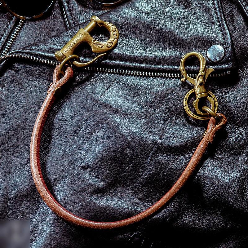Cool Men's Leather Gold Brass Hook Key Chain Pants Chains Biker Wallet Chain For Men