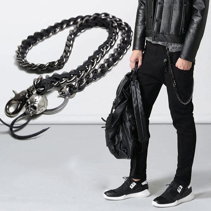 Cool Men's Leather Stainless Steel Woven Skull Key Chain Pants Chain Biker Wallet Chain For Men