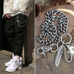 Cool Men's Skull Long Feather Pendant Hip Hop Stainless Steel Pants Chain Biker Wallet Chain For Men