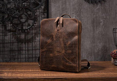 Cool Mens Leather Alligator Pattern Backpack Travel Backpacks Leather Hiking Backpack for Men