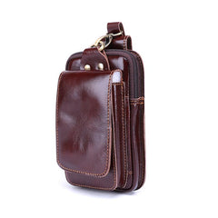 Cool Red Brown Oil Waxed Leather Mens Belt Case Belt Pouch Mini Waist Pouch Belt Bags For Men