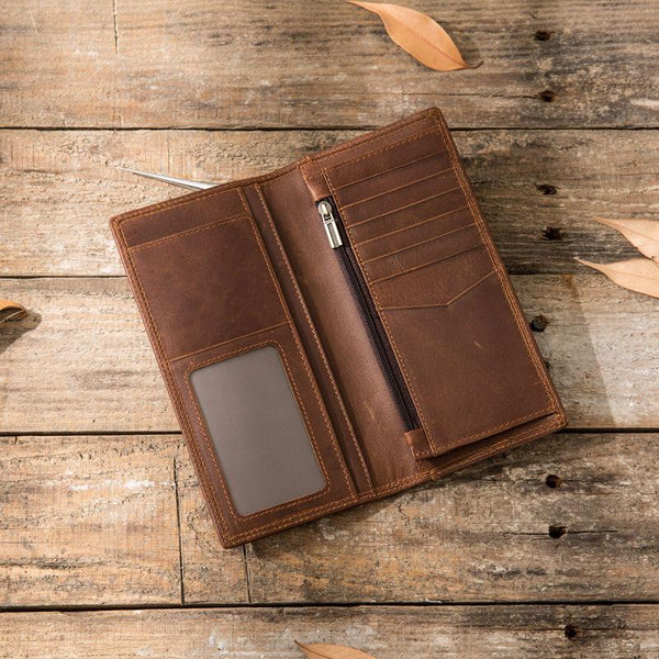 Cool Vintage Slim Mens long Wallet Leather Wallet Bifold Long Wallets for Men