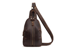 Cool Dark Brown Mens Leather One Shoulder Backpack Chest Bag Sling Bag For Mens