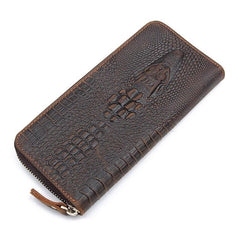 Cool Crocodile Pattern Brown Mens Leather Long Wallet Bifold Zip Long Wallet for Men