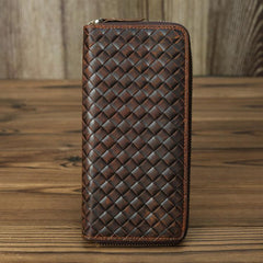 Braided Leather Long Wallet for Men Woven Bifold Long Wallet Brown Zip Cards Wallet For Men