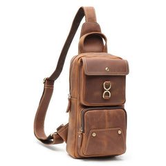 Brown Leather Men's Sling Bag Brown Sling Pack Chest Bags One Shoulder Backpack For Men