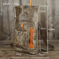 Mens Leather 14 inches Large School Laptop Backpack Rollup Khaki Brown Travel Backpacks for Men