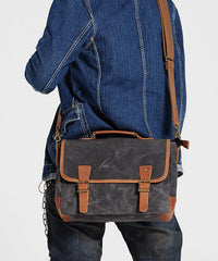 Dark Gray Waxed Canvas Leather Mens Briefcase Side Bag Messenger Bags Casual Courier Bag for Men