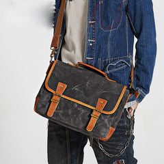 Dark Gray Waxed Canvas Leather Mens Briefcase Side Bag Messenger Bags Casual Courier Bag for Men