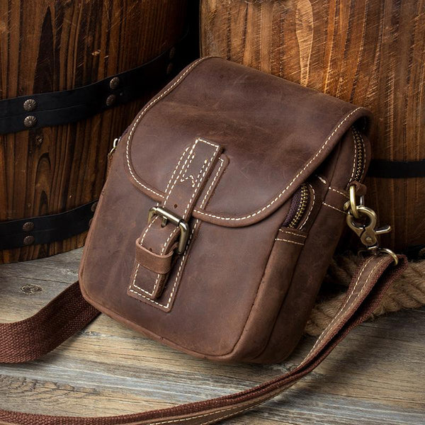 Dark Brown Casual Leather Mens Small Side Bag Messenger Bag Waist Bag Belt Pouch for Men