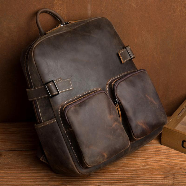 Casual Brown Mens Leather 14-inch Computer Backpacks Coffee Travel Backpack School Backpacks for men