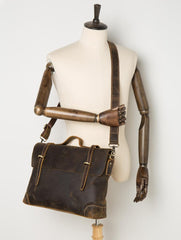 Vintage Dark Brown Leather 15 inches Briefcase Messenger Bags Work Side Bags for Men