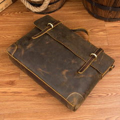 Vintage Dark Brown Leather 15 inches Briefcase Messenger Bags Work Side Bags for Men