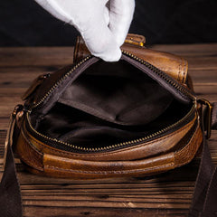 Dark Brown Leather Small Zipper Messenger Bag Vertical Side Bag Brown Courier Bag For Men