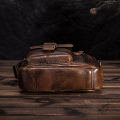 Dark Brown Leather Small Zipper Messenger Bag Vertical Side Bag Brown Courier Bag For Men