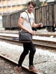Fashion Dark Brown Leather 11 inches Postman Bag Messenger Bags Courier Bag for Men