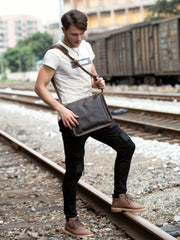 Fashion Dark Brown Leather 11 inches Postman Bag Messenger Bags Courier Bag for Men