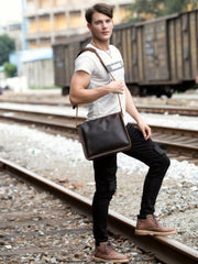 Fashion Dark Brown Leather 11 inches Postman Bag Messenger Bags Courier Bag for Men