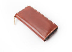 Dark Brown Handmade Leather Mens Long Wallet Zipper Bifold Long Clutch Wallets For Men