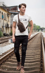 Vintage Brown Leather Mens Crossbody Pack Sling Bag Sling Pack Casual Chest Bags One Shoulder Backpack for Men