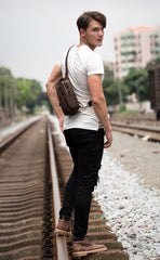 Vintage Brown Leather Mens Crossbody Pack Sling Bag Sling Pack Casual Chest Bags One Shoulder Backpack for Men