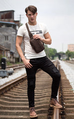 Vintage Brown Leather Mens Crossbody Pack Sling Bag Sling Pack Casual Chest Bags One Shoulder Backpack for Men