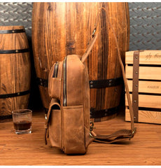 Cool Brown Leather Mens Sling Pack Sling Bag Crossbody Pack One Shoulder Pack Chest Bag for men