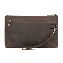Dark Brown Leather Mens Large Business Wristlet Wallet Bag Zipper Clutch Wallet For Men