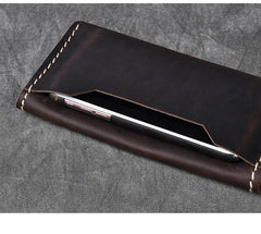 Dark Brown Leather Mens Long Wallet Bifold Brown Clutch Long Wallet For Men