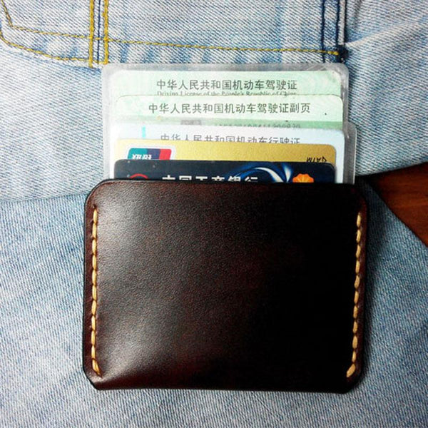 Dark Brown Leather Mens Slim Front Pocket Wallets Leather Cards Wallet for Men