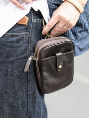 Dark Brown Vintage Leather Mens Small Messenger Bag Waist Bag Black Belt Pouch Bag For Men