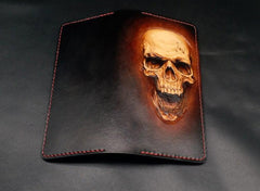 Dark Coffee Handmade Tooled Death Skull with Horn Leather Mens Bifold Long Wallet Clutch For Men
