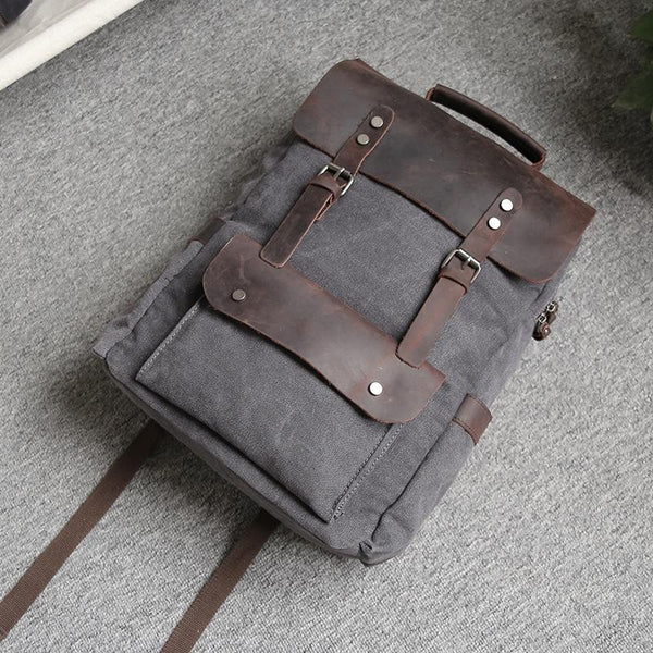 Gray Waxed Canvas Mens Large 15'' Laptop Backpack College Backpack Hiking Backpack for Men