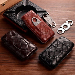 Brown Diamond Leather Mens 3pcs Cigar Case With Cutter Leather Cigar Cases for Men