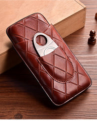Brown Diamond Leather Mens 3pcs Cigar Case With Cutter Leather Cigar Cases for Men