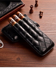 Black Diamond Leather Mens 3pcs Cigar Case With Cutter Leather Cigar Cases for Men