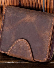 Brown Leather Mens Small Wallet Bifold billfold Zipper Bifold Wallet for Men