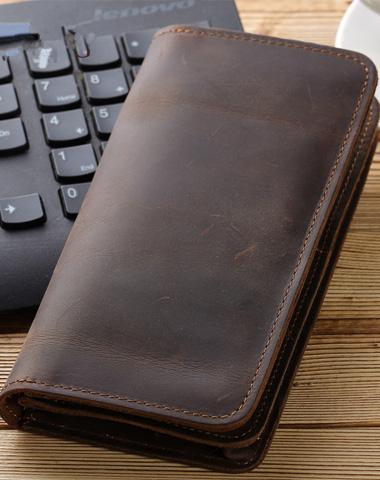 Cool Mens Coffee Leather Long Wallet Vintage Bifold Long Wallet for Men