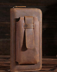 Vintage Brown Mens Leather Long Wallet Bifold Zipper Long Wallet for Men